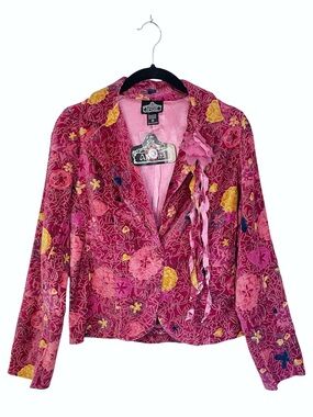 Vintage Deadstock Y2K Angie Boho Velvet Floral  Jacket Corsage Fuchsia Pink M